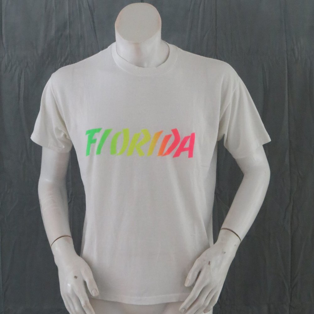 Vintage Graphic T-shirt - Flordia Neon Block Script On White - Men's Large